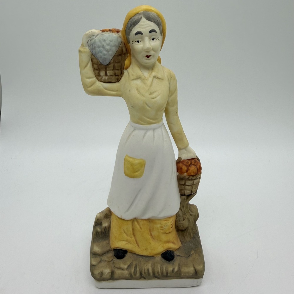 Vintage Peasant Old Farm Women Carrying Basket‎ Porcelain Figurine 7 1/2"